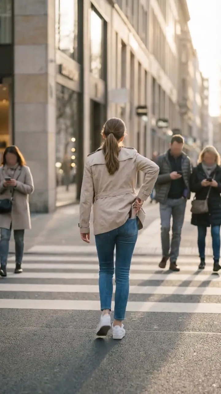 Standbild aus der Produktion „Fokus“: Person überquert bei Gegenlicht eine Straße